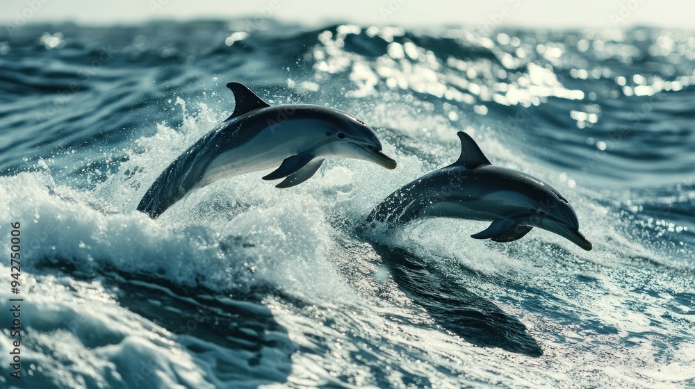 Fototapeta premium Two Dolphins Leaping Through Ocean Waves