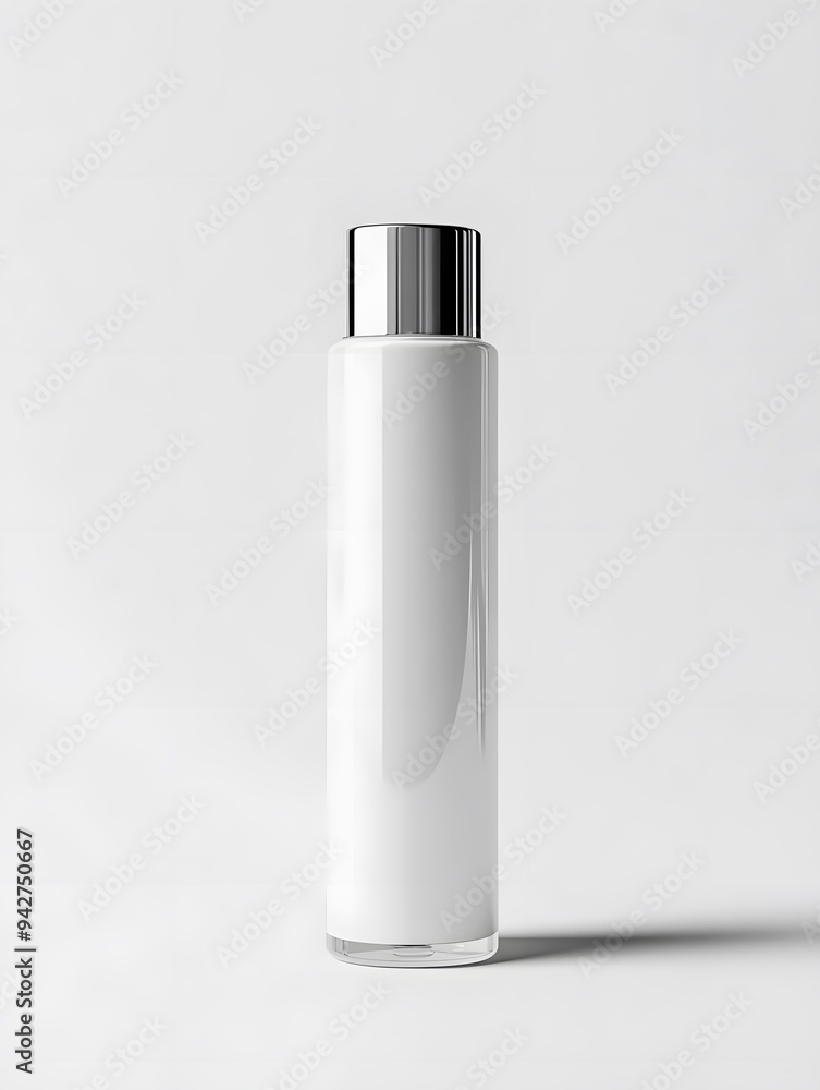 A minimalistic mockup of a glossy plastic cosmetic bottle, featuring a refined shape and isolated on a bright white background for a clear, professional presentation A minimalistic mockup of a glossy plastic cosmetic bottle, featuring a refined shape and isolated on a bright white background for a clear, professional presentation