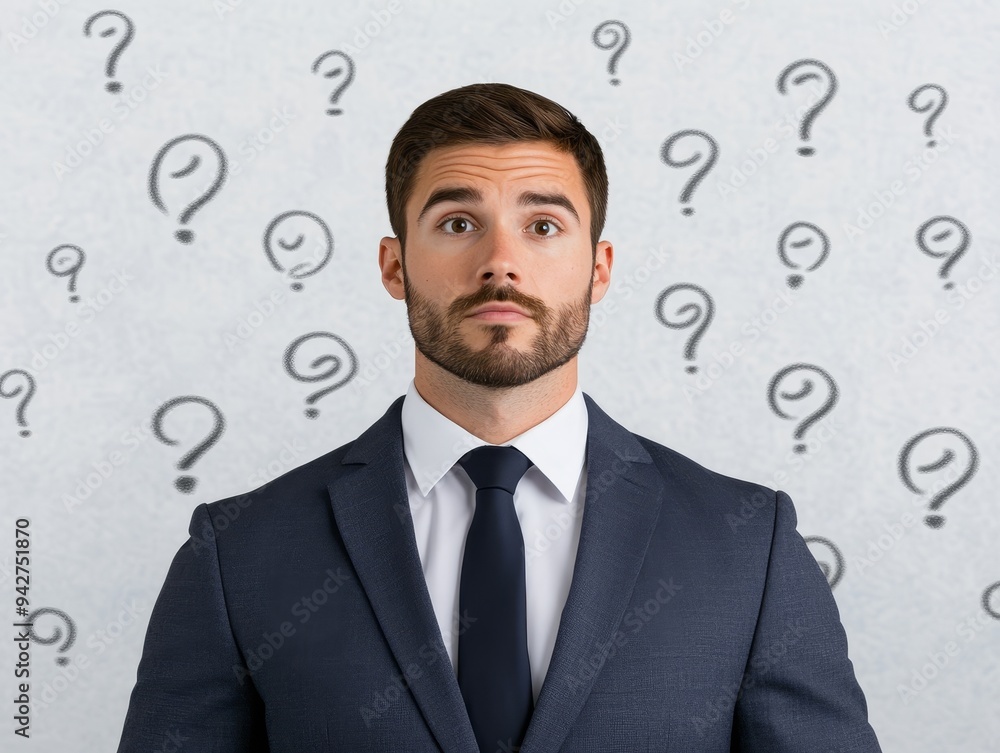 A businessman looks concerned as question marks surround him. Concept of uncertainty, doubt, or problem solving. A businessman looks concerned as question marks surround him. Concept of uncertainty, doubt, or problem solving.
