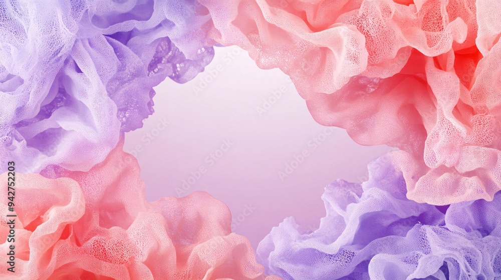 Fototapeta premium Colorful, soft fabric textures in pink and purple create an abstract, dreamy frame.