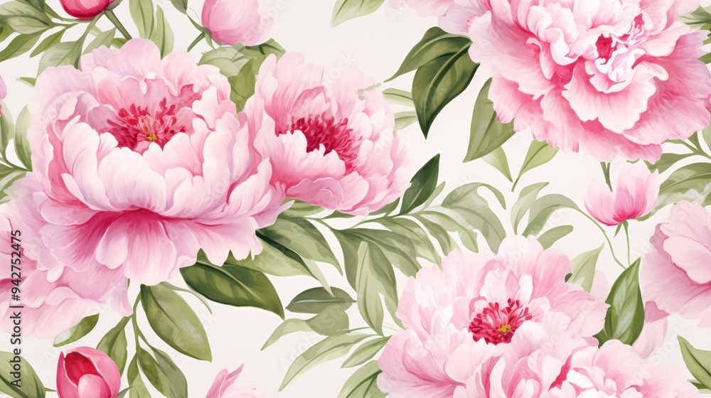Watercolor pattern featuring a mix of full-bloom and budding pink and white peony flowers, complemented by lush green leaves. The vintage luxury style is reflected in the delicate brushstrokes and Watercolor pattern featuring a mix of full-bloom and budding pink and white peony flowers, complemented by lush green leaves. The vintage luxury style is reflected in the delicate brushstrokes and