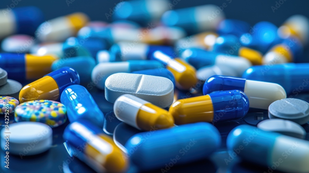 Pharmaceutical Palette: A macro view of an assortment of pills and capsules in vibrant hues, highlighting the diversity of modern medicine.