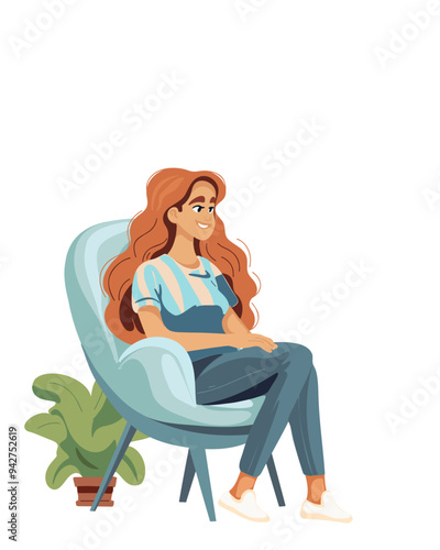 Happy smiling girl with red hair lounge in soft armchair