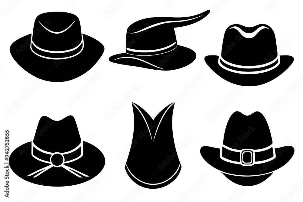 6 set unique black hat styles silhouette vector 6 set unique black hat styles silhouette vector