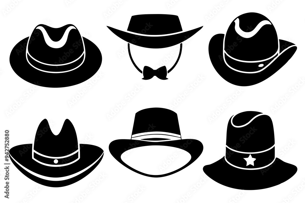 6 set unique black hat styles silhouette vector 6 set unique black hat styles silhouette vector