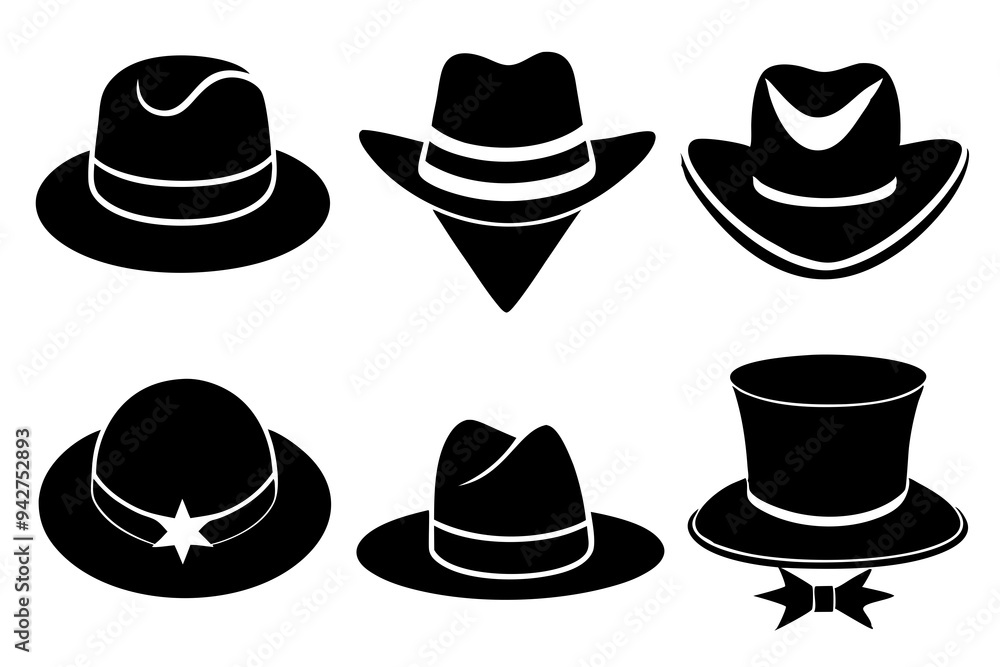 6 set unique black hat styles silhouette vector 6 set unique black hat styles silhouette vector