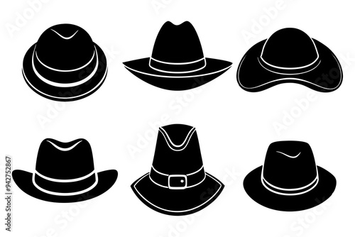 6 set unique black hat styles silhouette vector
