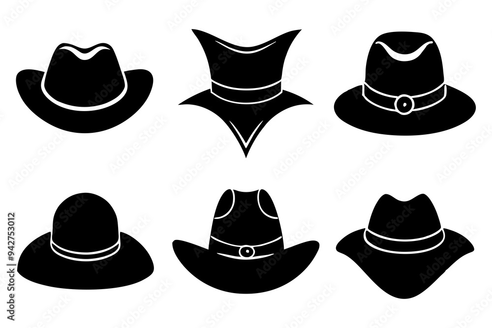 6 set unique black hat styles silhouette vector 6 set unique black hat styles silhouette vector