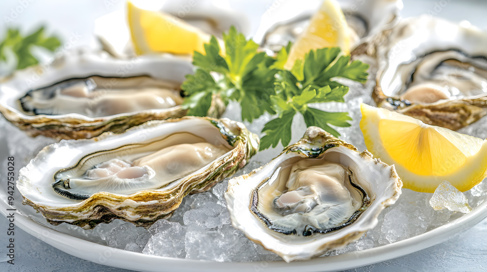 A plate of fresh oysters served on ice with lemon wedges A plate of fresh oysters served on ice with lemon wedges