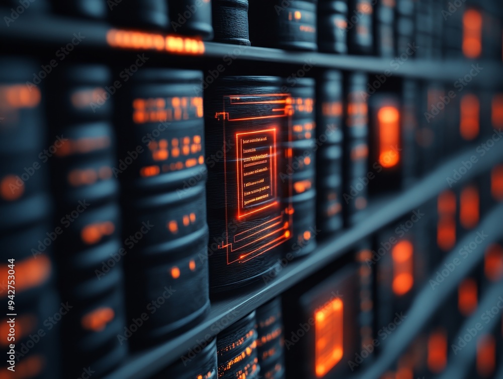 A close-up of illuminated database shelves, showcasing digital books with glowing edges, symbolizing data storage and technology. A close-up of illuminated database shelves, showcasing digital books with glowing edges, symbolizing data storage and technology.