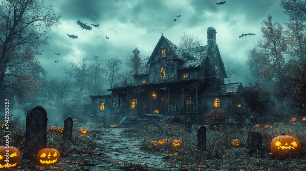 A haunted house with bats flying around, pumpkins on the porch, and a creepy graveyard in the foreground, setting the perfect Halloween scene. A haunted house with bats flying around, pumpkins on the porch, and a creepy graveyard in the foreground, setting the perfect Halloween scene.