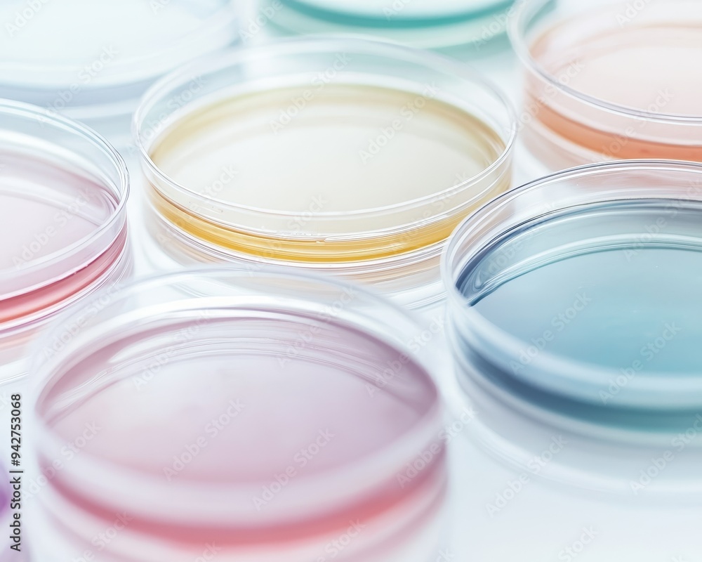 A close-up of petri dishes with colorful liquid inside, on a white background. A close-up of petri dishes with colorful liquid inside, on a white background.