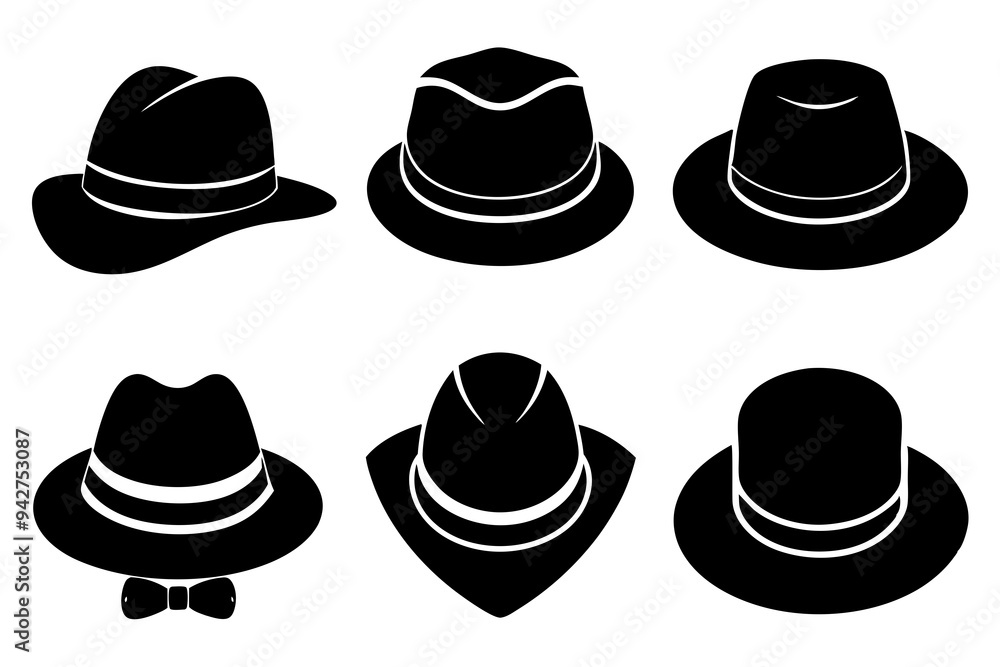 6 set unique black hat styles silhouette vector 6 set unique black hat styles silhouette vector