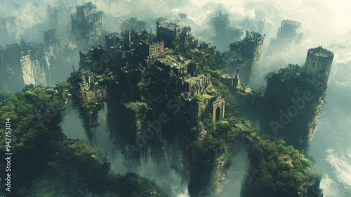 A Floating City Covered in Lush Greenery and Clouds