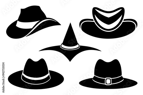 6 set unique black hat styles silhouette vector