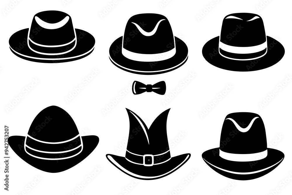 6 set unique black hat styles silhouette vector