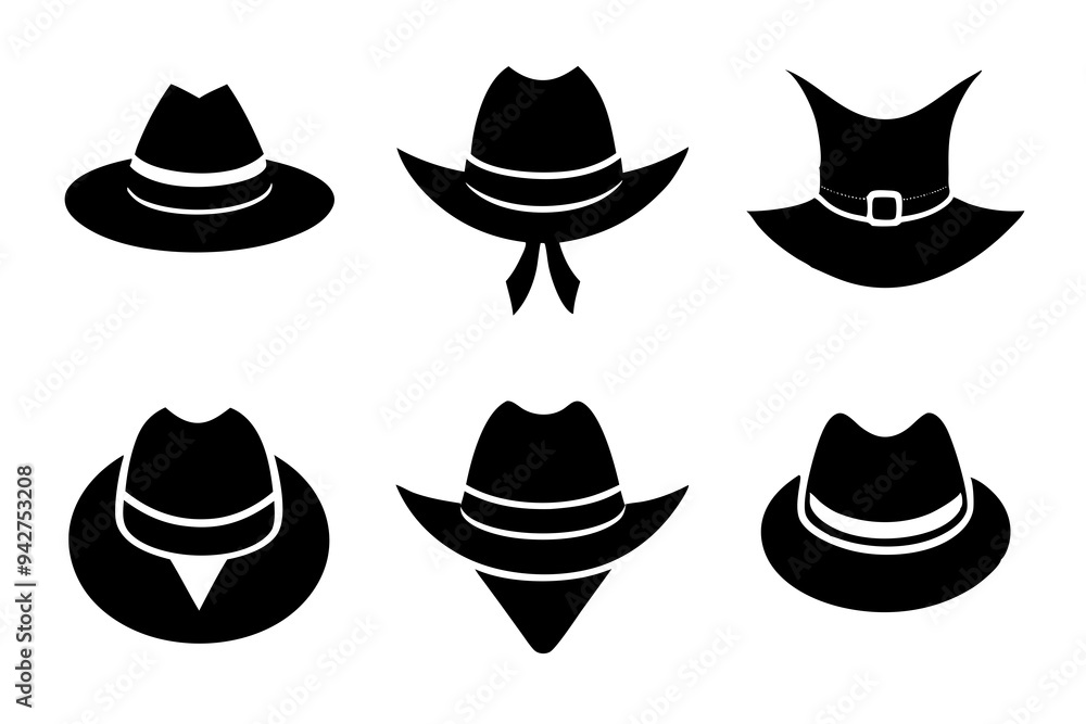 6 set unique black hat styles silhouette vector 6 set unique black hat styles silhouette vector