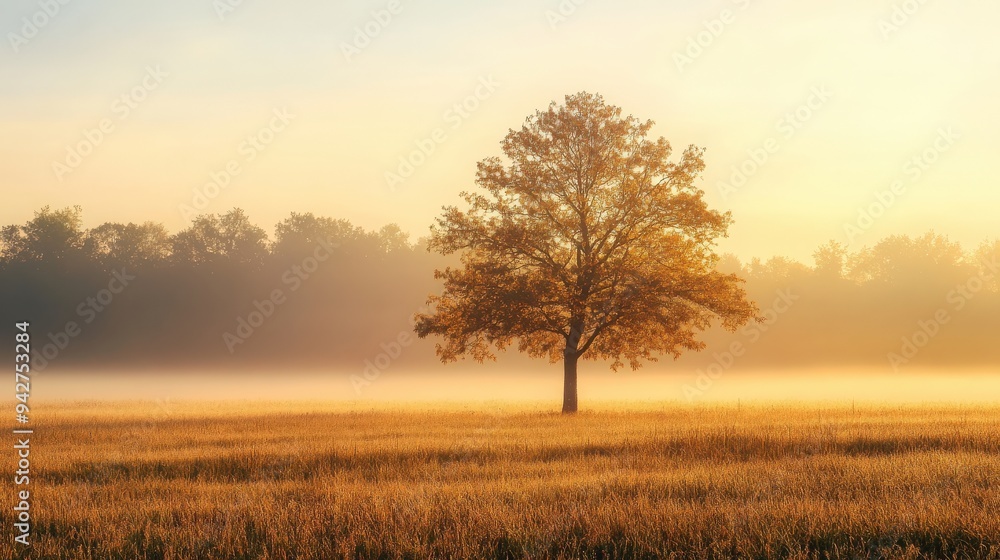 A calm autumn morning envelops a solitary tree in mist while golden grass sways gently. The soft fog adds an enchanting feel to the tranquil landscape A calm autumn morning envelops a solitary tree in mist while golden grass sways gently. The soft fog adds an enchanting feel to the tranquil landscape