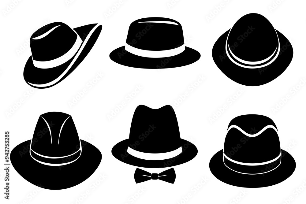 6 set unique black hat styles silhouette vector 6 set unique black hat styles silhouette vector
