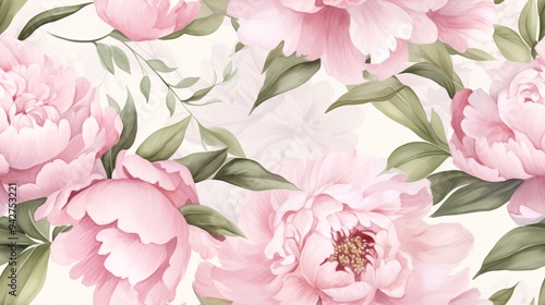 Luxurious vintage-inspired seamless pattern of watercolor pink and white peony flowers, accented with lush green leaves. The delicate brushwork and muted tones create a timeless and sophisticated