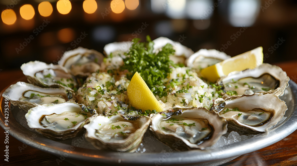 A plate of fresh oysters served on ice with lemon wedges A plate of fresh oysters served on ice with lemon wedges