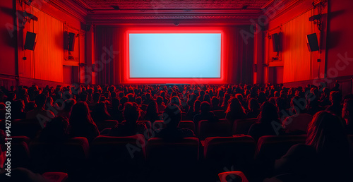 A movie theater with a large screen and a crowd of people watching