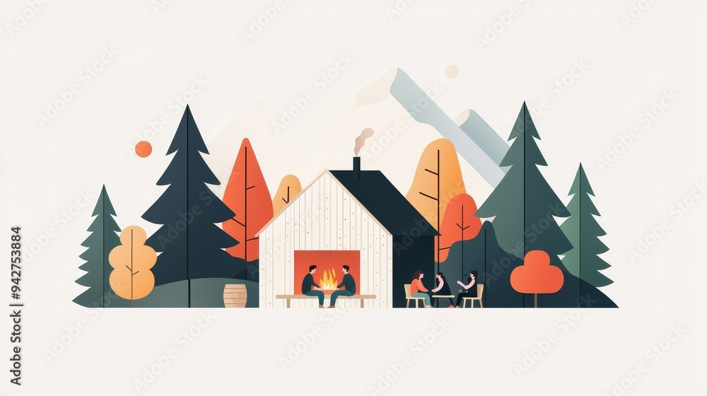 A cozy cabin in the woods with people gathered around a campfire. The scene is depicted in a minimalist style with flat colors and simple shapes. A cozy cabin in the woods with people gathered around a campfire. The scene is depicted in a minimalist style with flat colors and simple shapes.