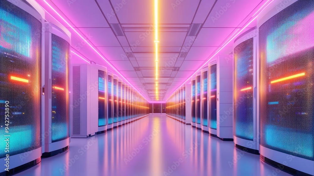 Futuristic hyperscale data center with cloud interfaces, glowing data
