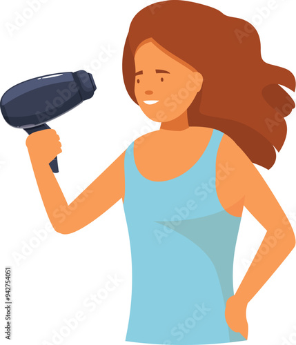 Young woman is using a hair dryer, getting ready for her day