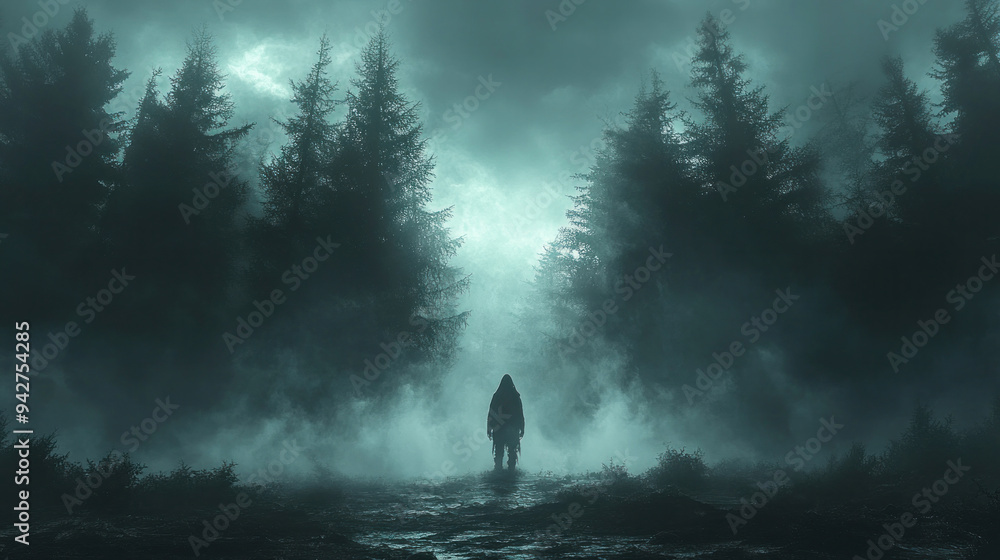 A lone figure standing in the middle of a shadowy forest, surrounded by towering trees and eerie silence, evoking a sense of dread. A lone figure standing in the middle of a shadowy forest, surrounded by towering trees and eerie silence, evoking a sense of dread.