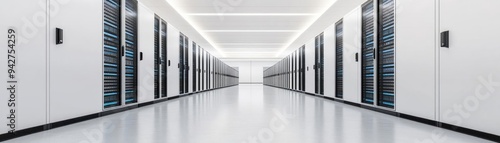 Interior of hyperscale data center with cloud deployment control panels, dynamic data flows, high-efficiency server racks, ultra-modern technology, clean lines photo