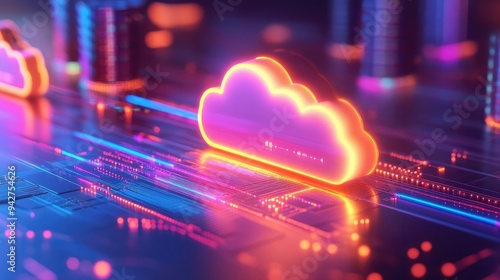 Aerial view of hyperscale data center, cloud deployment visualized as digital waves, advanced automation systems, efficient and futuristic design, vibrant colors