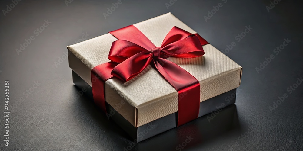 Square luxury gift box with red and black bow trim, ideal for jewelry or upscale presents Square luxury gift box with red and black bow trim, ideal for jewelry or upscale presents