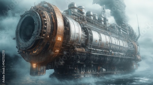 A Steampunk Airship Floating Above a Misty Sea photo