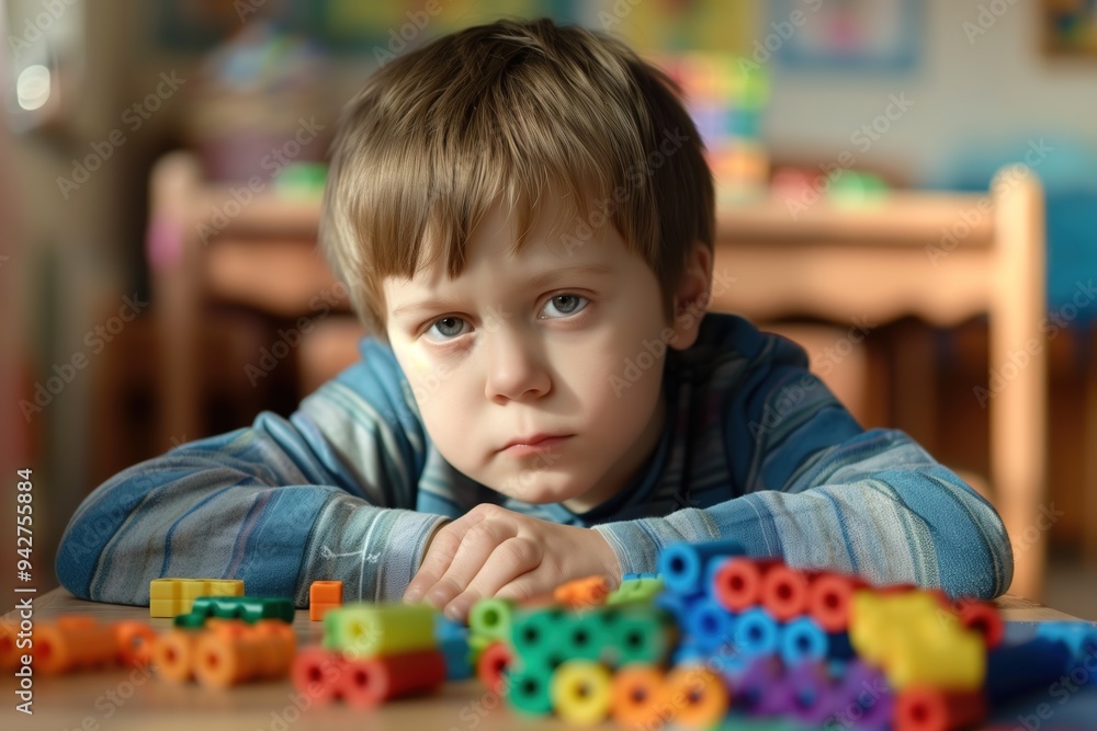 Portrait of a child with autism playing with colorful building blocks, deeply focused and happy Portrait of a child with autism playing with colorful building blocks, deeply focused and happy