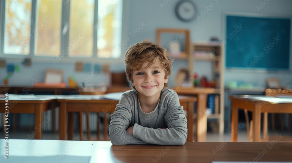 cute schoolboy sitting at the desk, smiling, looking at the camera during the lesson cute schoolboy sitting at the desk, smiling, looking at the camera during the lesson