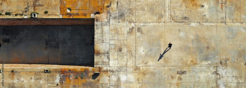 A solitary figure walks across a large concrete surface, with a large, dark opening in the wall to the left. A solitary figure walks across a large concrete surface, with a large, dark opening in the wall to the left.
