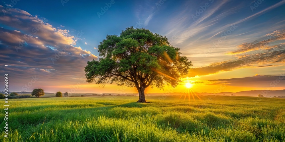 Fototapeta premium Sunset illuminating a green tree in a grass meadow, creating a serene summer landscape