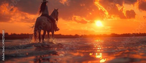 Silhouette of a Cowgirl Riding Through Sunset Waters