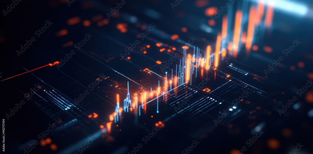 A financial graph features candlestick distribution with precise axis markings, set against a dark theme. A financial graph features candlestick distribution with precise axis markings, set against a dark theme.