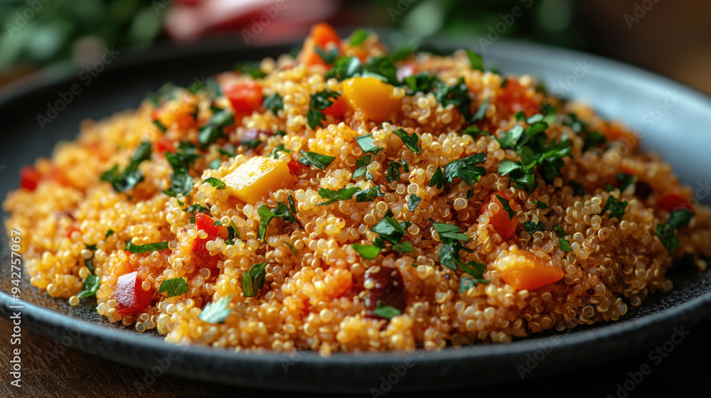 A plate of quinoa upma, garnished with fresh vegetables and herbs, offering a contemporary take on traditional Indian breakfast. A plate of quinoa upma, garnished with fresh vegetables and herbs, offering a contemporary take on traditional Indian breakfast.