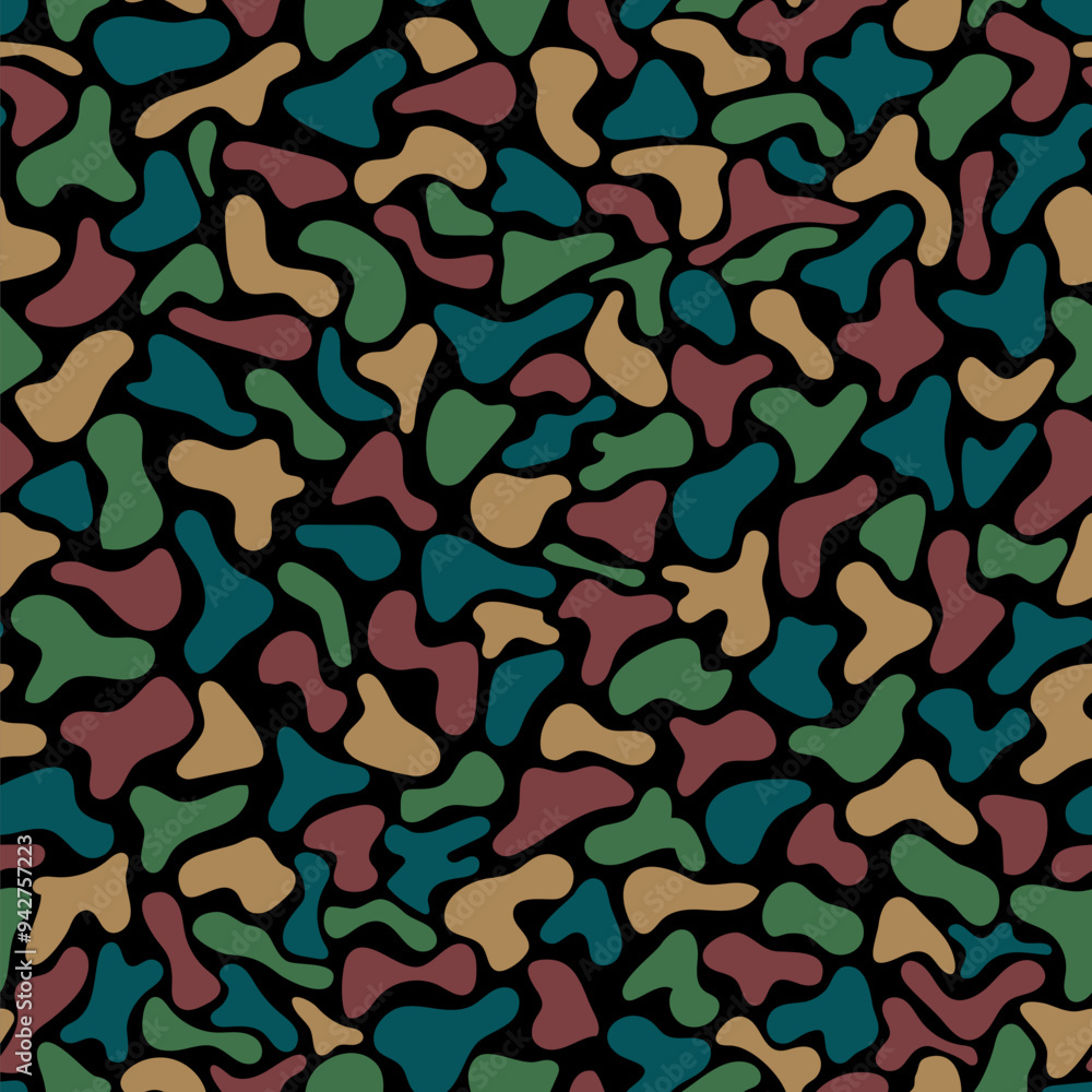 blue green maroon brown chaotic shapes. vector seamless pattern. black repetitive background. fabric swatch. wrapping paper. decorative art. continuous design template for textile, home decor, linen blue green maroon brown chaotic shapes. vector seamless pattern. black repetitive background. fabric swatch. wrapping paper. decorative art. continuous design template for textile, home decor, linen