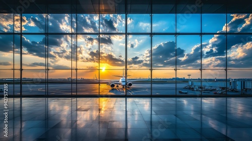 Airport terminal glass window with view of airplane, Suvarnabhumi airport departure hall for travel and transportation concept photo