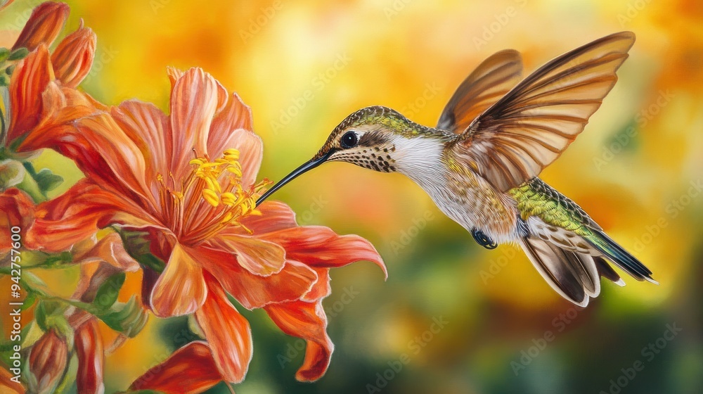 Fototapeta premium Hummingbird in Flight, Feeding from an Orange Flower