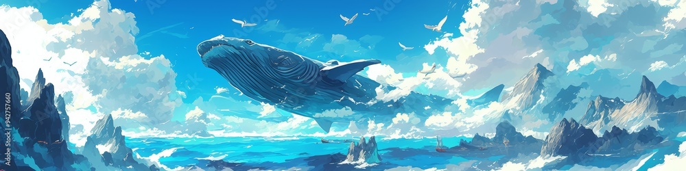 Fototapeta premium Surreal Underwater Mountain Landscape with Fish Swimming like Birds: Fantastical Digital Art for Game Backgrounds and Book Illustrations. Dreamlike Oceanic Scene Blending Nature Elements in Vibrant Co