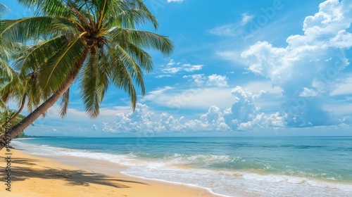 Beautiful tropical island sea beach landscape, turquoise ocean water, yellow sand, sun blue sky white cloud, green coconut palm tree leaves, paradise nature, summer holidays, vacation, tourism, travel