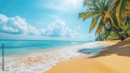 Fototapeta Naklejka Na Ścianę i Meble -  Beautiful tropical island sea beach landscape, turquoise ocean water, yellow sand, sun blue sky white cloud, green coconut palm tree leaves, paradise nature, summer holidays, vacation, tourism, travel