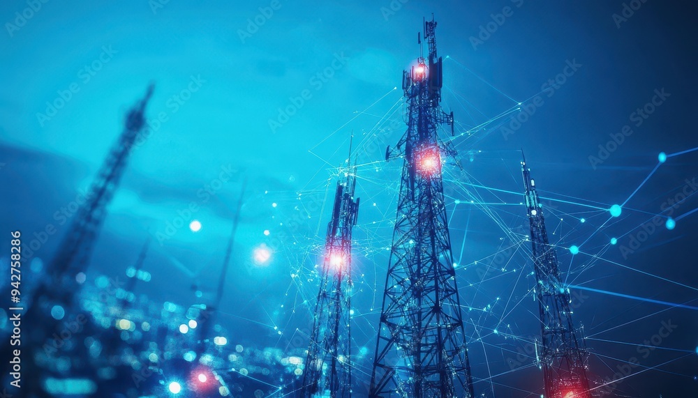 Interconnected Communication Towers under a Starry Night Sky Interconnected Communication Towers under a Starry Night Sky