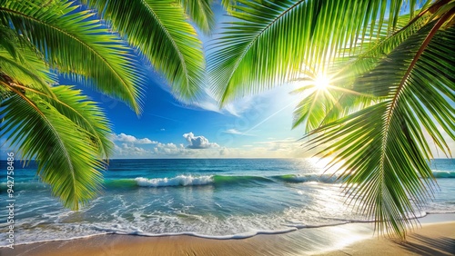 Tropical palm leaves swaying in the breeze on a sunny beach with ocean waves in the background
