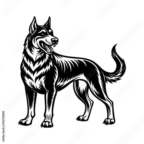 Vector black and white illustration of a dog isolated on a white background